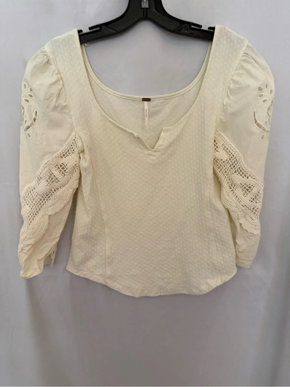 Free People Ivory Crochet Puff Sleeve Scoop Top